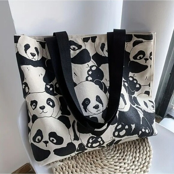 Canvas panda bear tote Cotton Large bag shopping accessory carryon - Picture 5 of 6